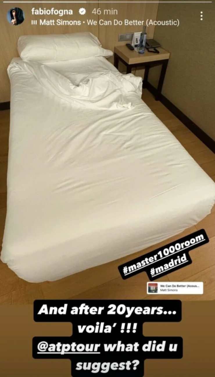 la camera d'albergo fotografata da Fognini a Madrid